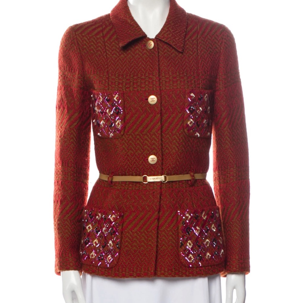 Chanel Tweed Jacket with sequin accents and belt US6 US8, FR40
